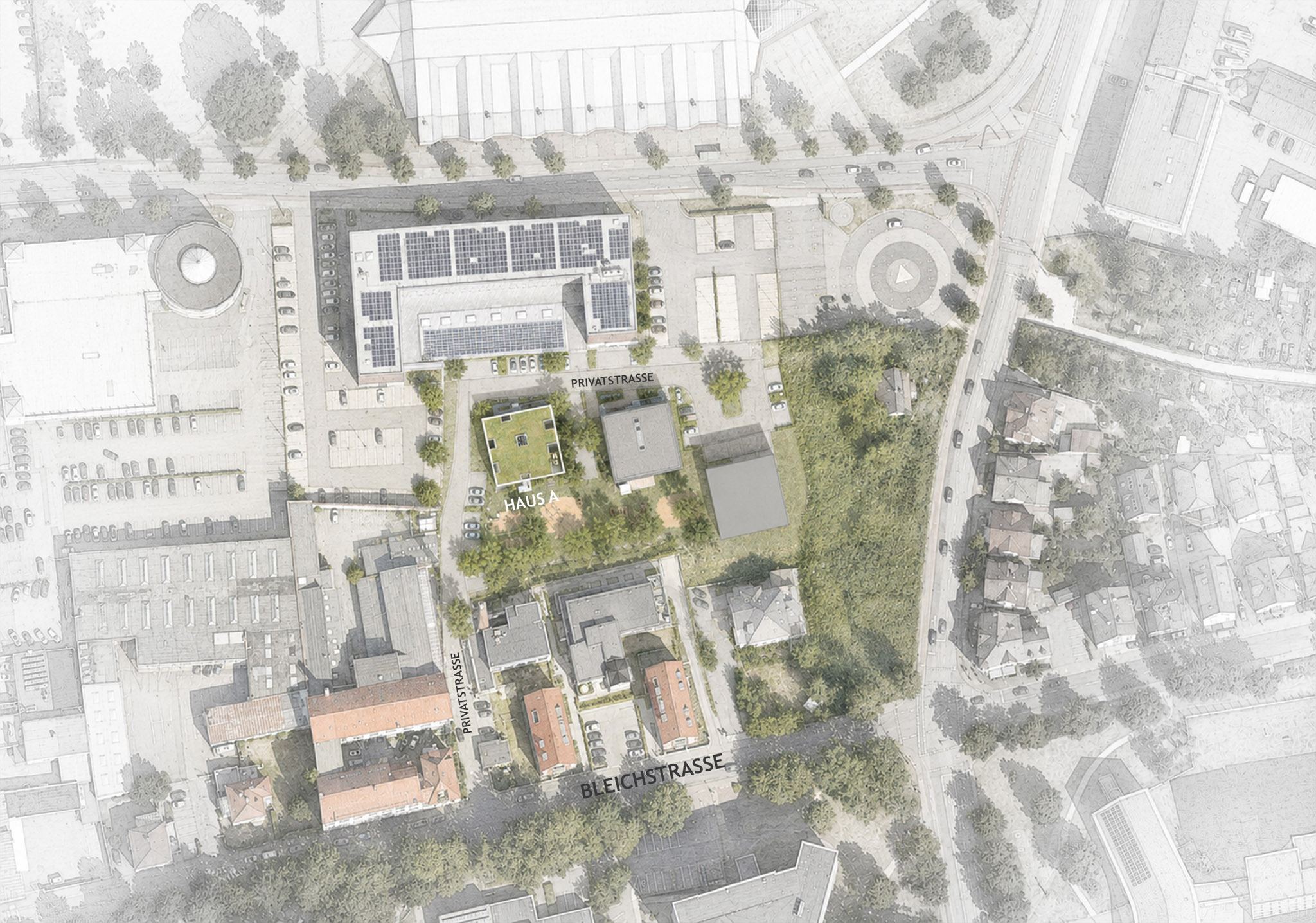 Site plan with the new building, courtyard and neighboring buildings on Bleichstraße