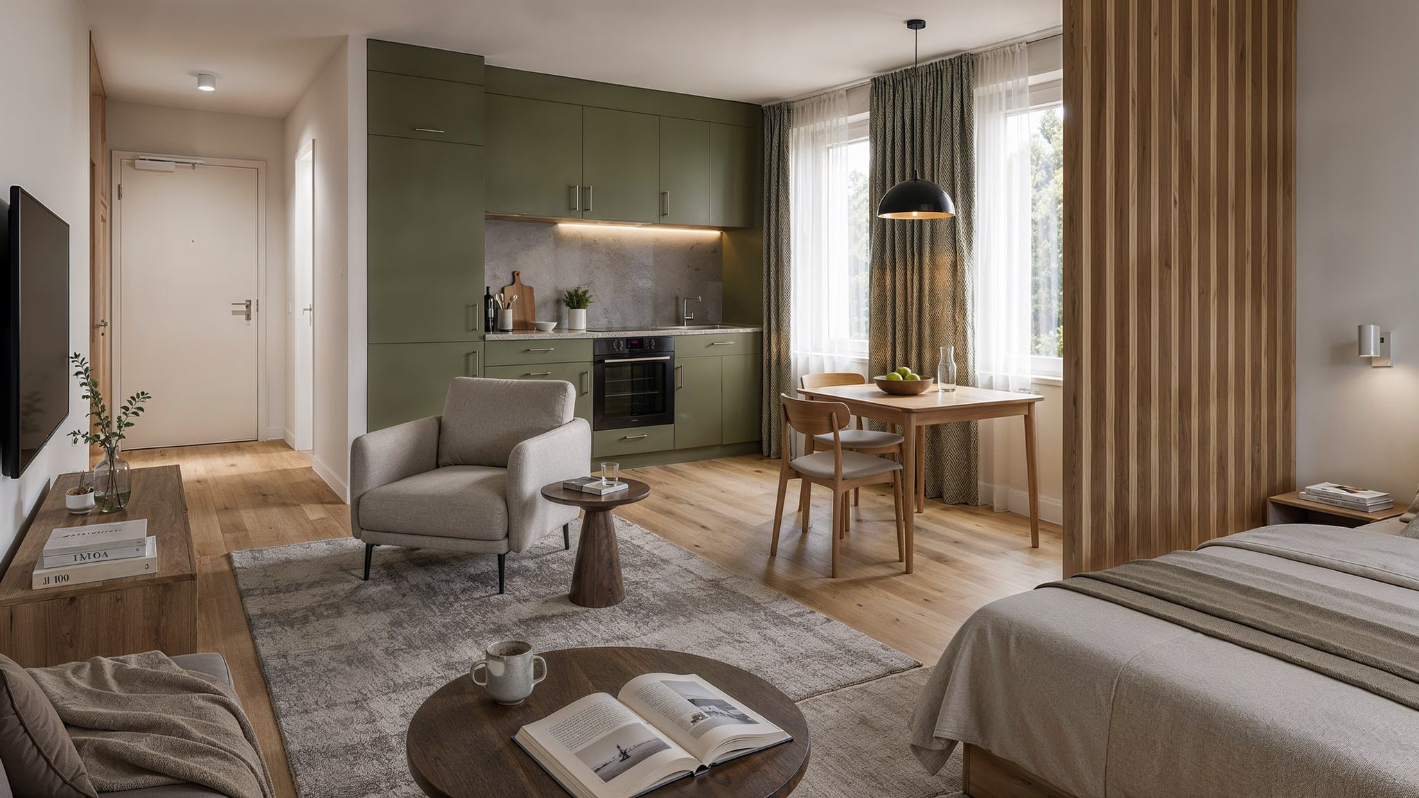 Apartment mit Wohnbereich, Küchenzeile und Loggia, Wohnung A-1.1
