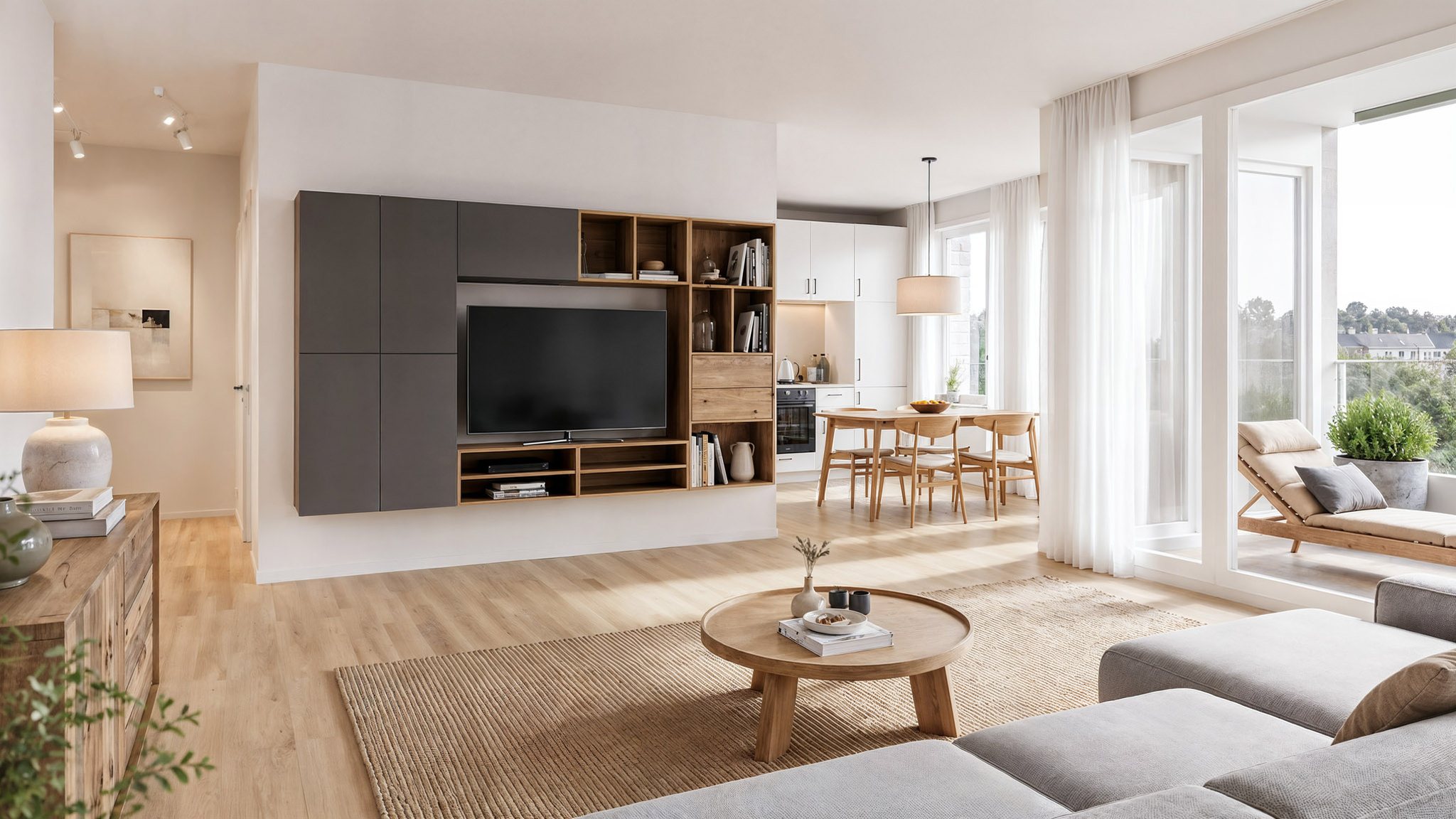 Wohnzimmer mit offener Küche und Loggia, Wohnung A-1.4
