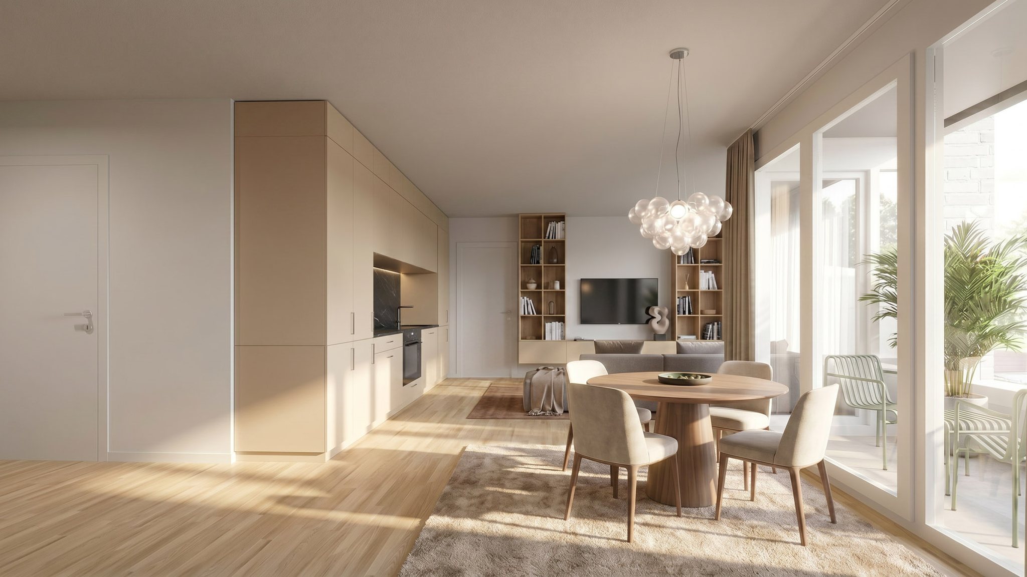Heller Wohnraum mit offener Küche und Zugang nach draußen, Wohnung A-2.3
