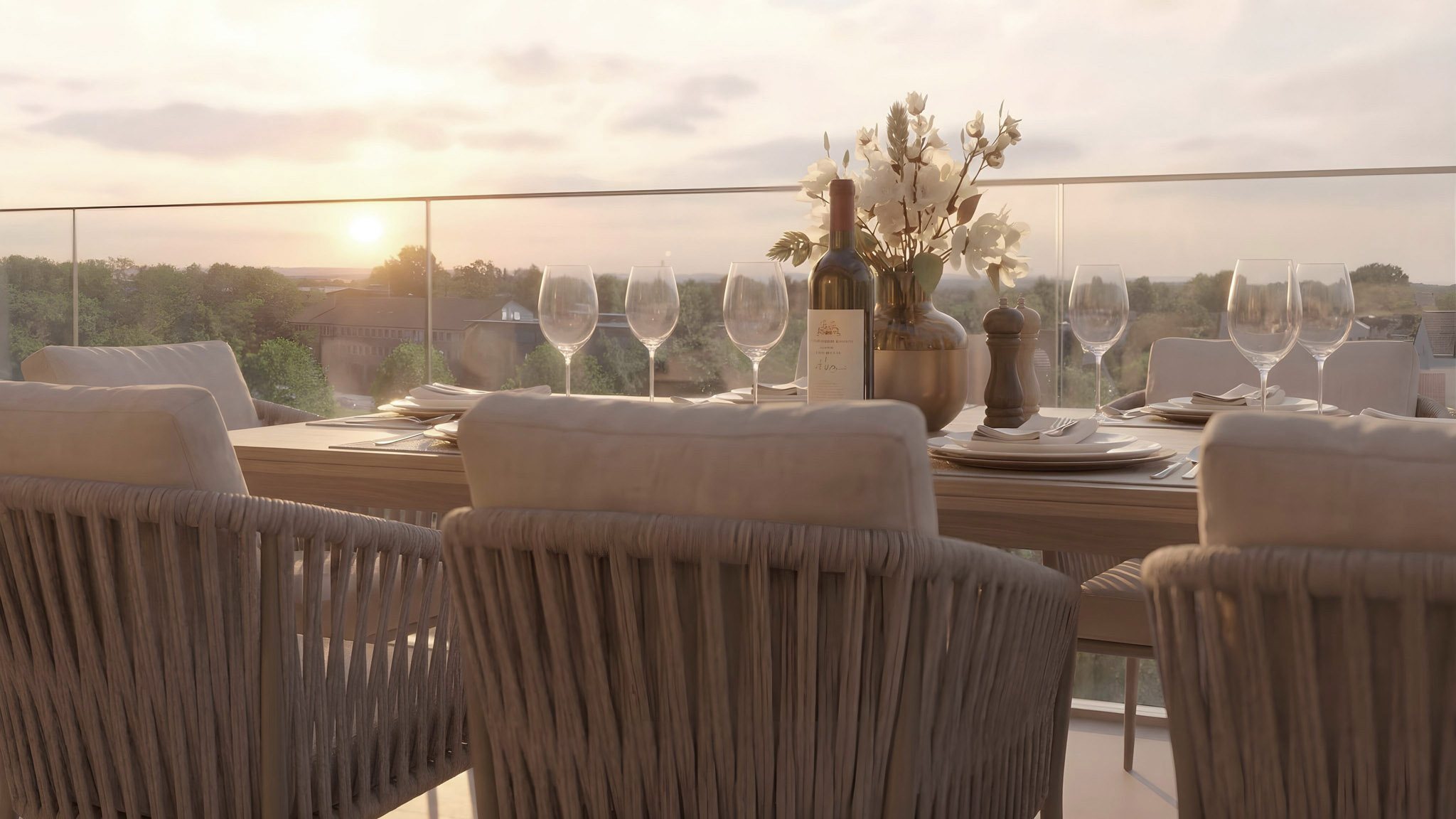 Dachterrasse mit gedecktem Tisch bei Sonnenuntergang über der Stadt