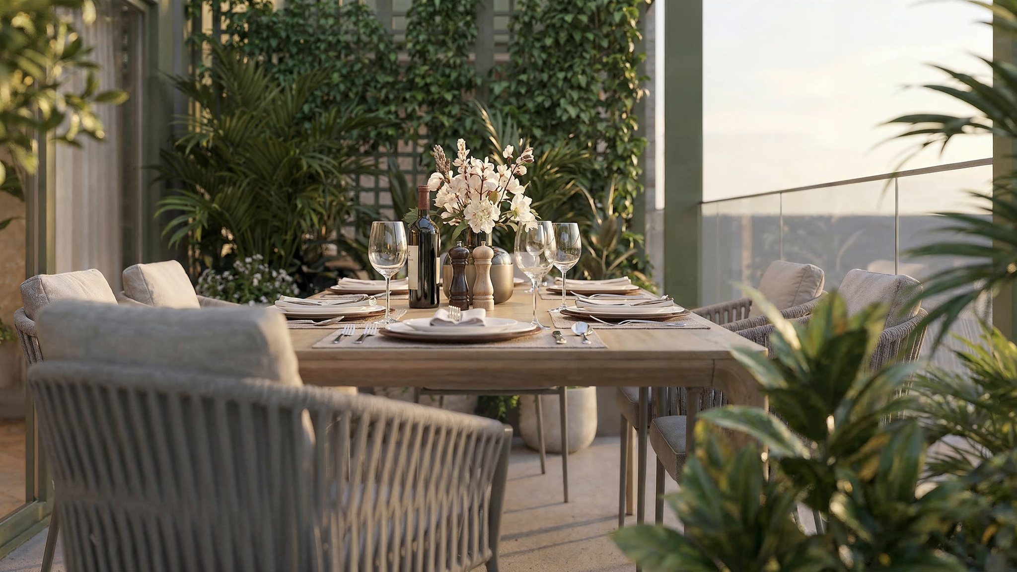 Gedeckter Tisch auf der begrünten Dachterrasse