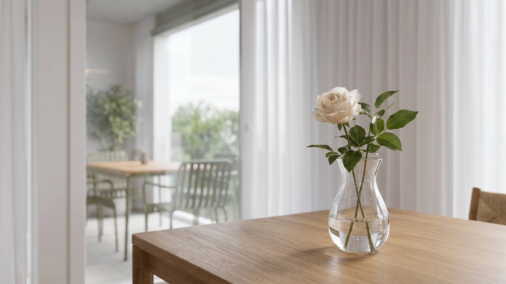 Esstisch mit Rose in der Vase vor der Balkontür