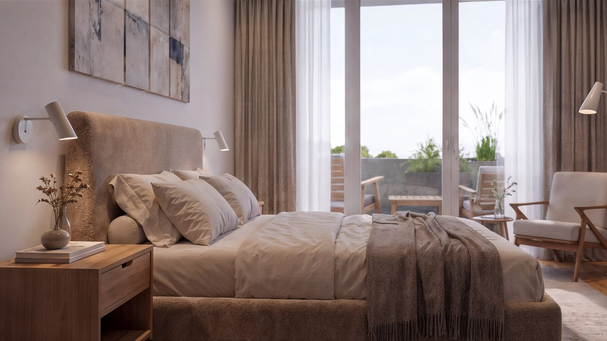 Schlafzimmer mit Leseleuchte und Ausblick über die Loggia