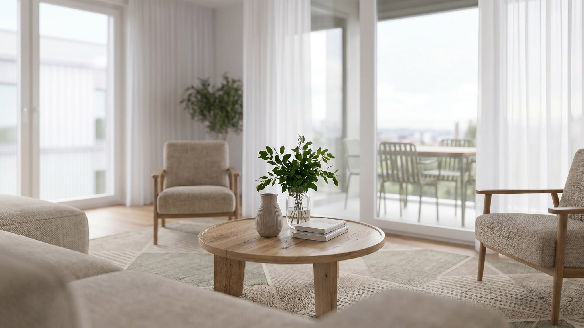 Wohnzimmer mit Sesseln, rundem Couchtisch und bodentiefen Fenstern zur Loggia