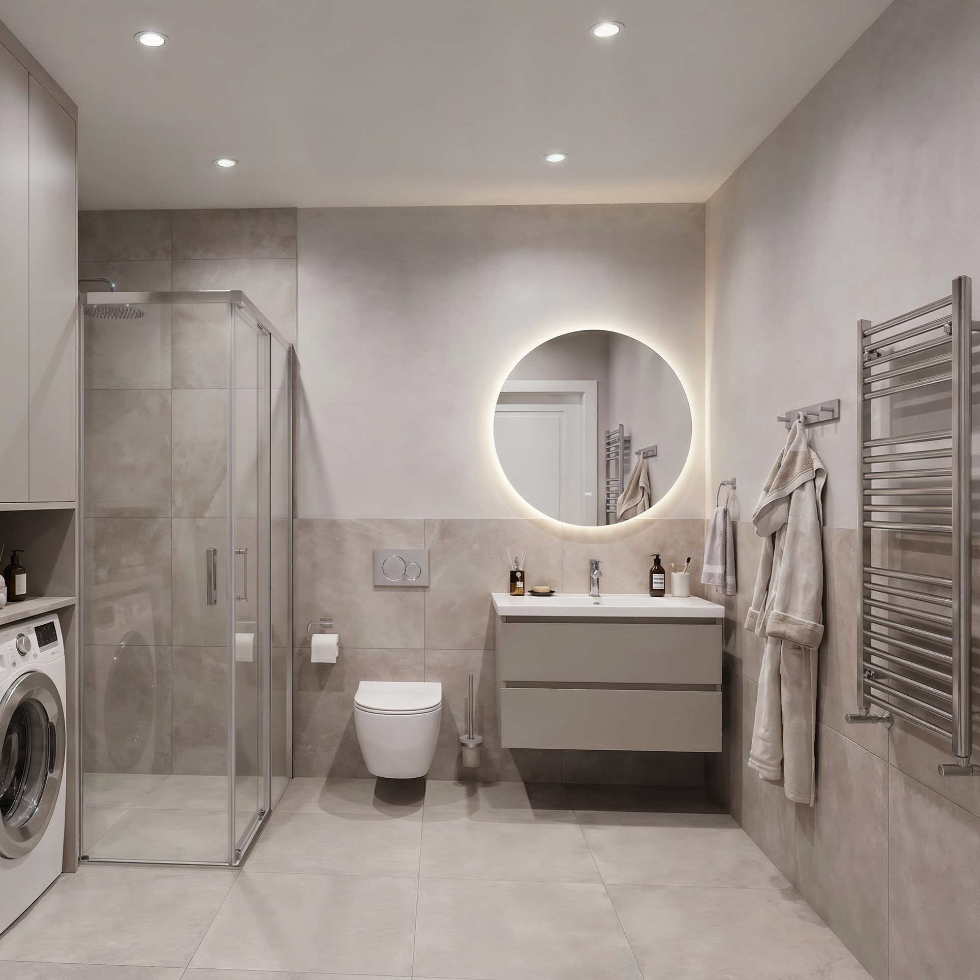 Bathroom with walk-in shower, round mirror and towel radiator