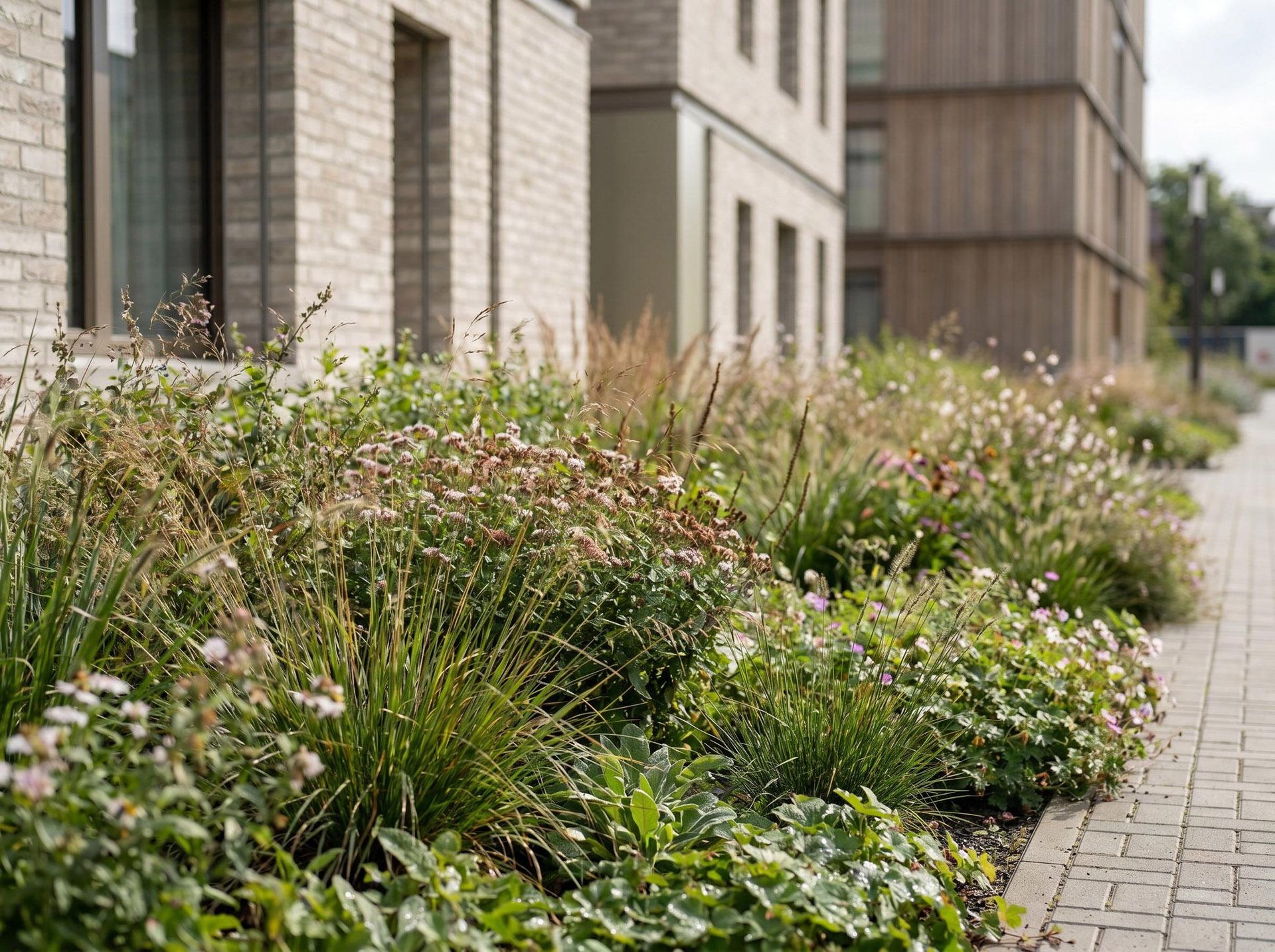 Naturnahe Bepflanzung mit Gräsern und Wildblumen entlang des Weges an der Fassade