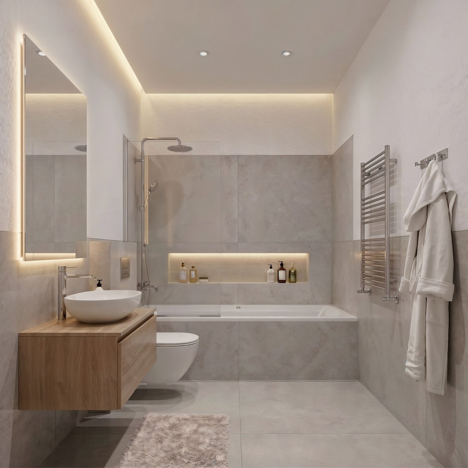 Bad mit Badewanne, Aufsatzwaschbecken und indirektem Licht