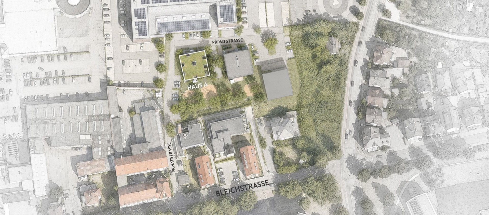 Lageplan mit Neubau, Innenhof und angrenzender Bebauung an der Bleichstraße