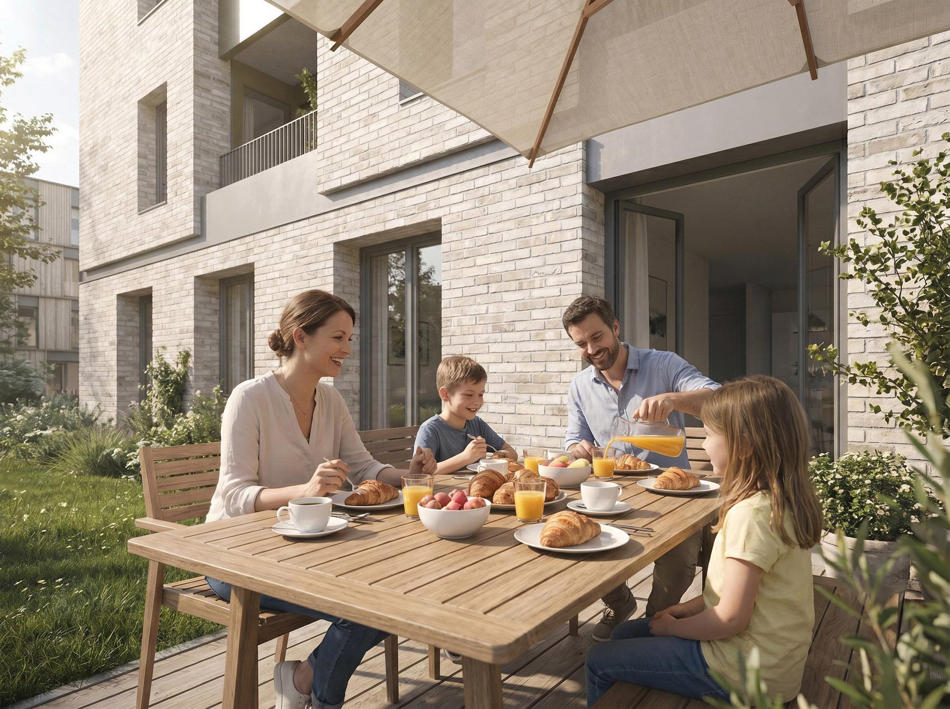 Familie beim Frühstück auf der Terrasse vor der hellen Klinkerfassade