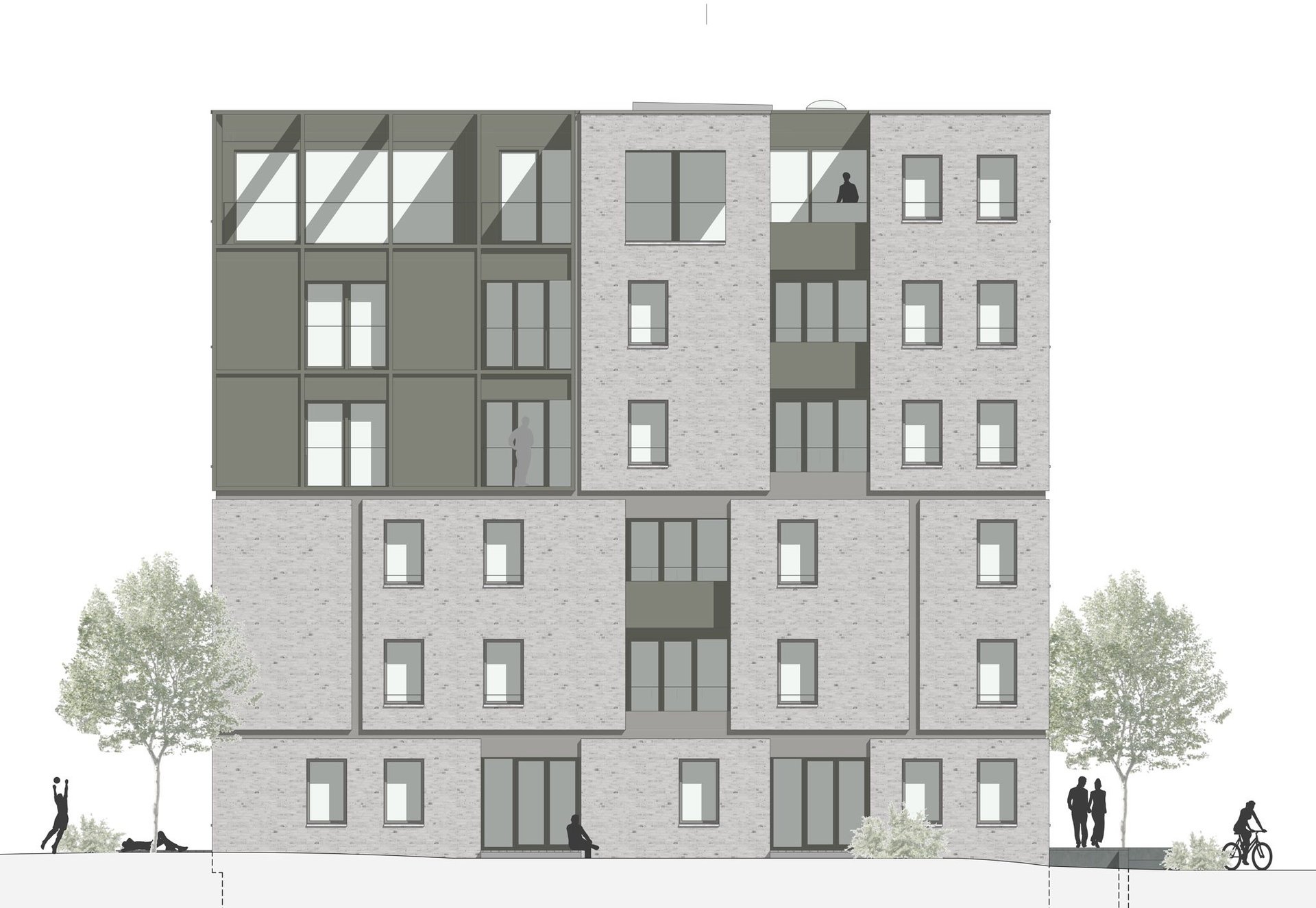 Ostansicht des sechsgeschossigen Hauses als kolorierte Plangrafik mit Klinker, Metallpaneelen und Bäumen