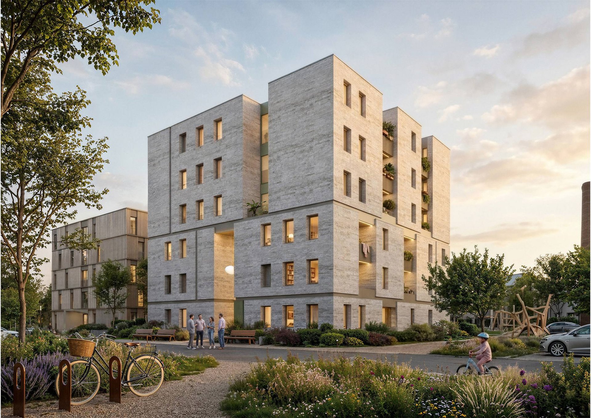 Wohnhaus Bleichstraße 79 D im Abendlicht mit begrüntem Vorplatz, Fahrrädern und Nachbarbebauung im Ravensberger Viertel