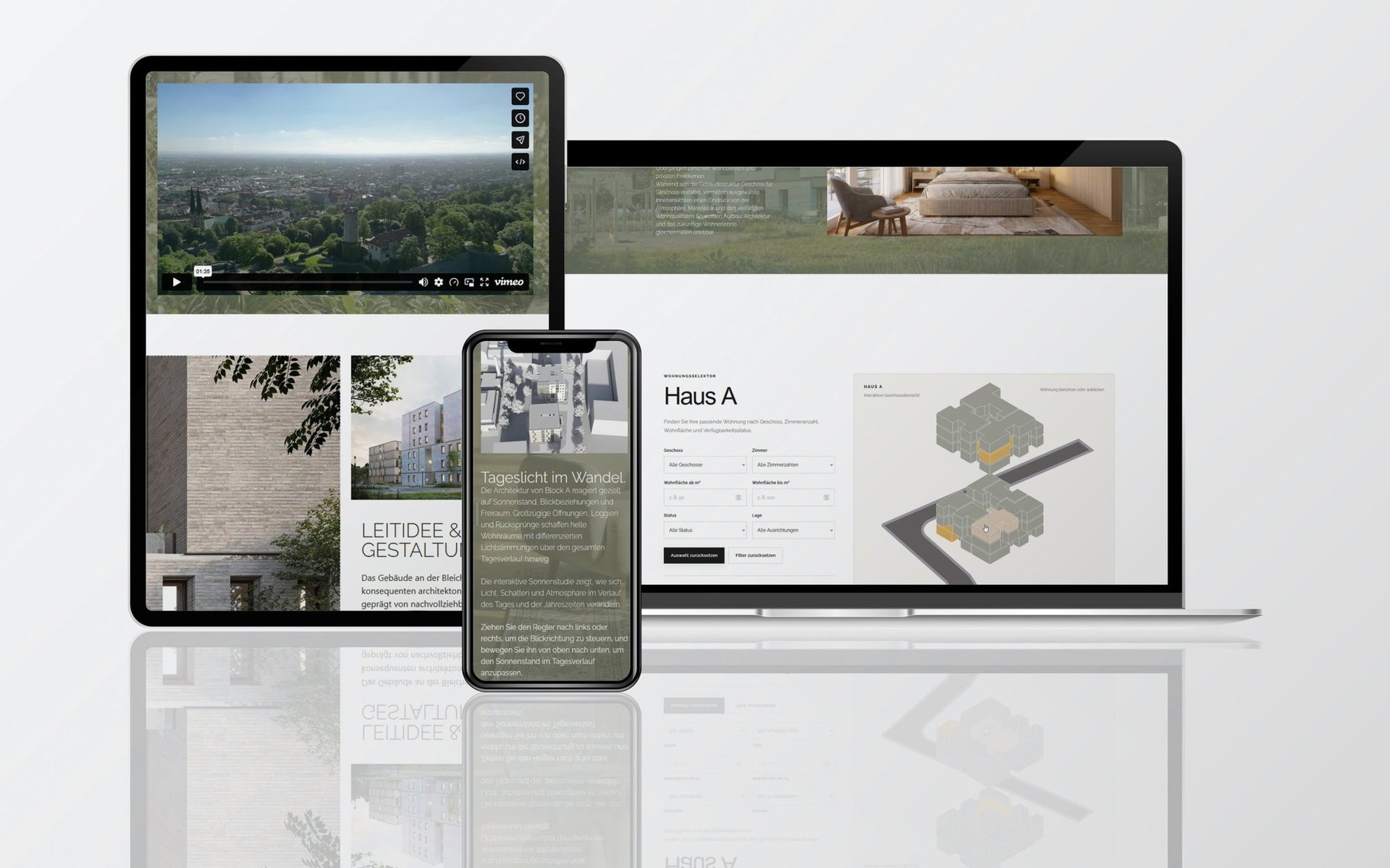 Projektwebseite Bleichstraße 79 D auf Tablet, Laptop und Smartphone mit Imagefilm, Wohnungsselektor und Sonnenstudie