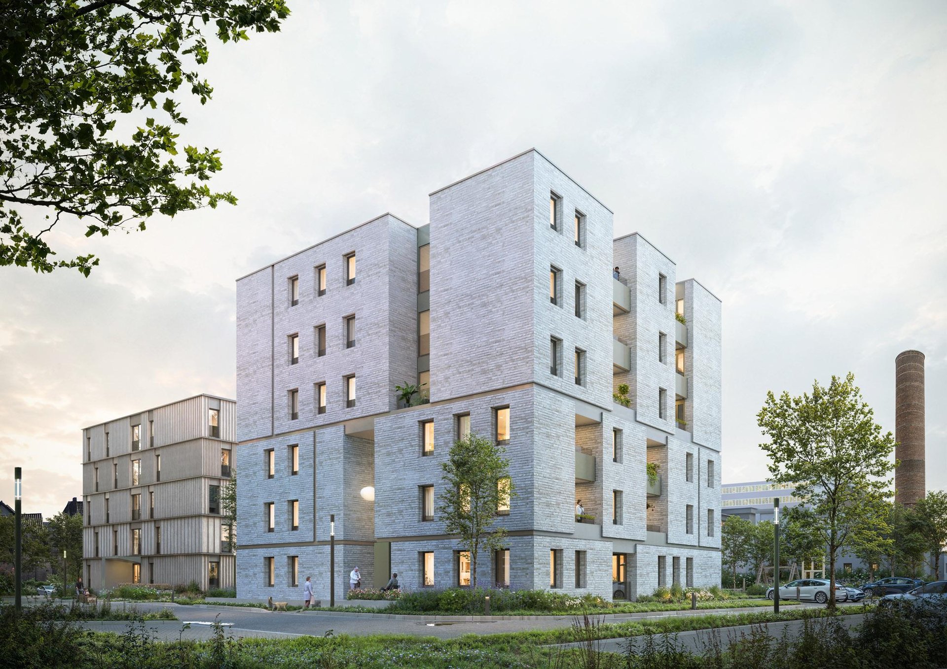 Sechsgeschossiges Wohnhaus aus hellem Klinker an der Bleichstraße in Bielefeld mit Loggien und zurückgesetztem Staffelgeschoss, Straßenansicht